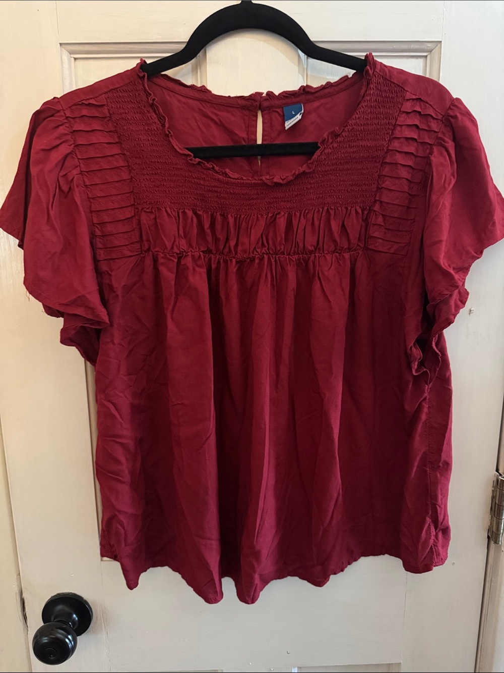 Old Navy Wine Red Smocked Yoke Short Sleeve Blouse